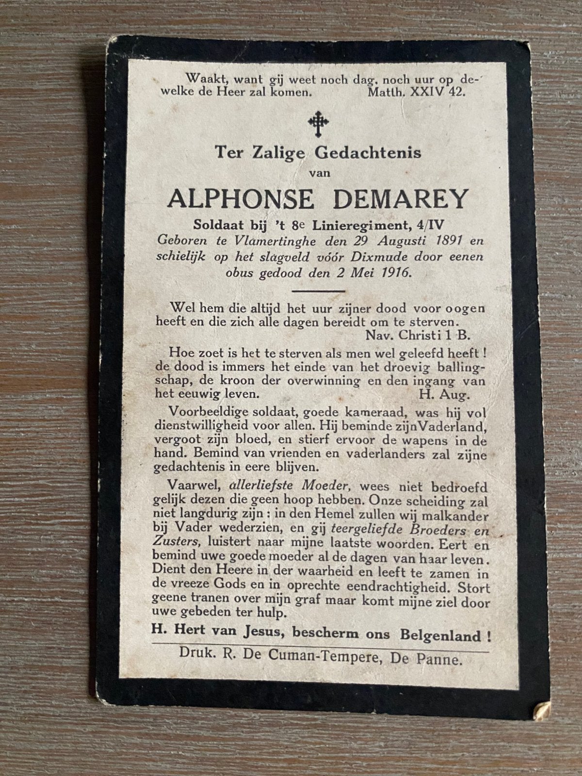 Demarey Alphonse, tué sur le champ de bataille Dixmude 1916, Envoi, Image pieuse