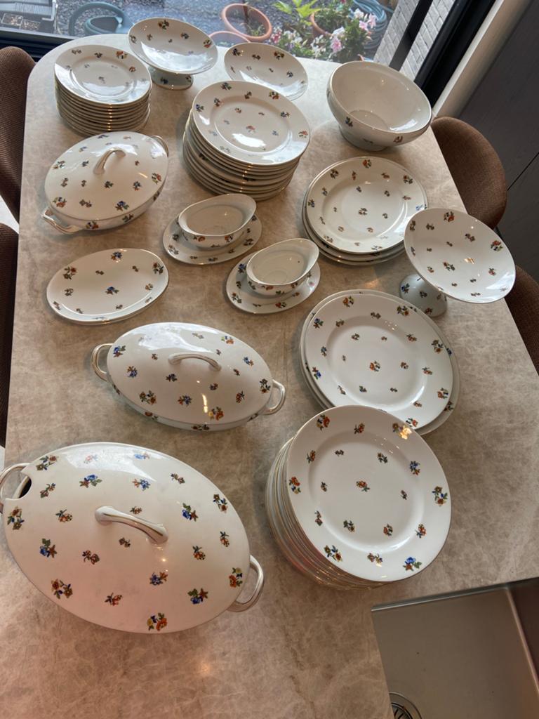 Grote vintage serviesset in wit porselein met bloemenmotief, Ophalen