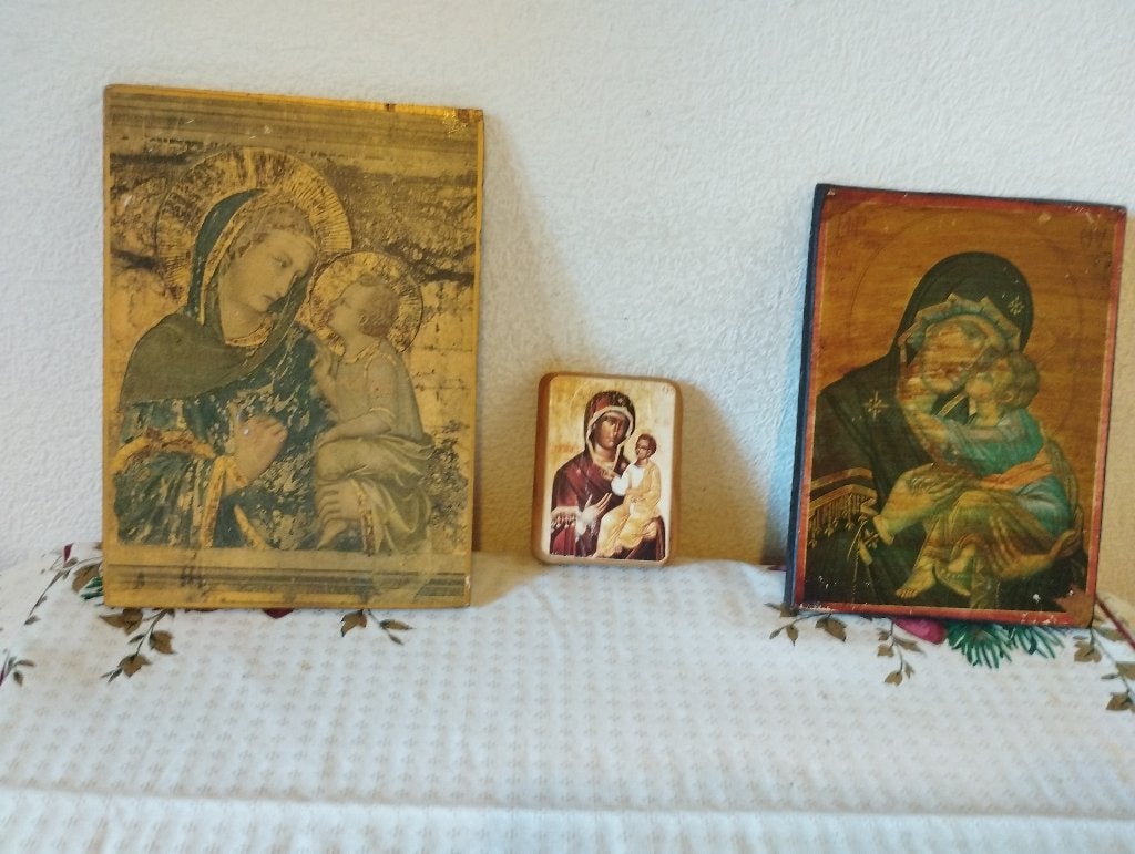 Set van 3 Griekse iconen – Maria met Kind – houten paneel, Antiek en Kunst, Ophalen