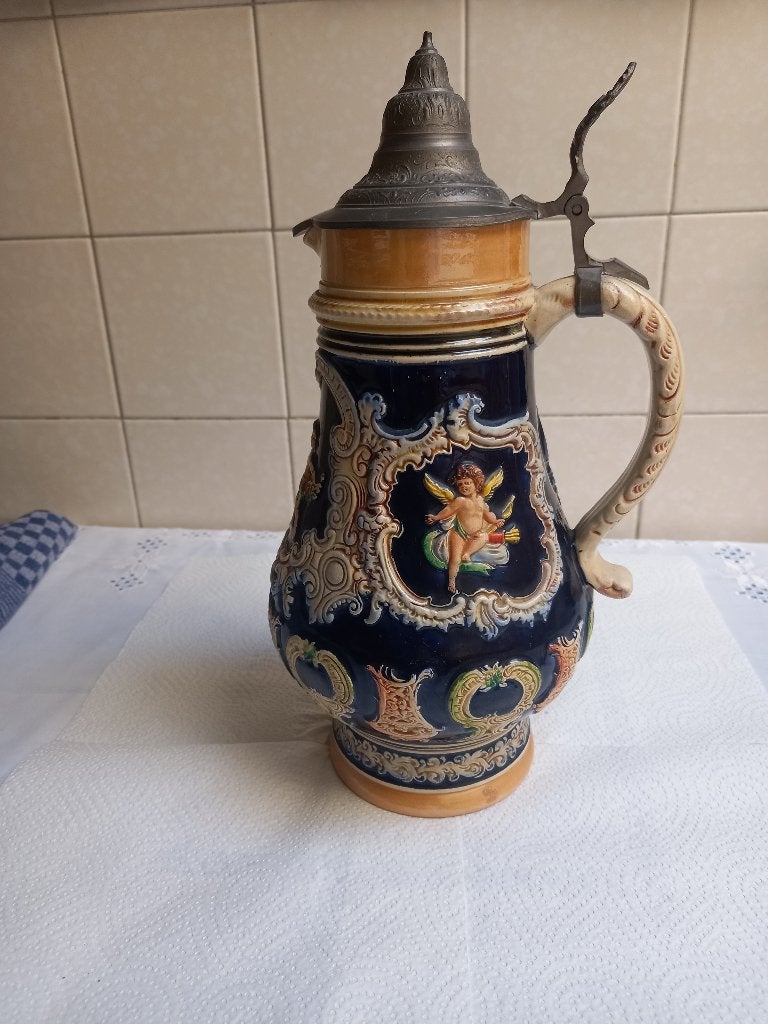 Chope à bière ancien, couvercle en étain., Enlèvement