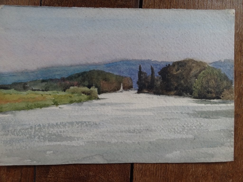 aquarelle, paysage avec rivière ou lac, montagnes, etc., Envoi, Peint à la main, Aquarelle, Paysage