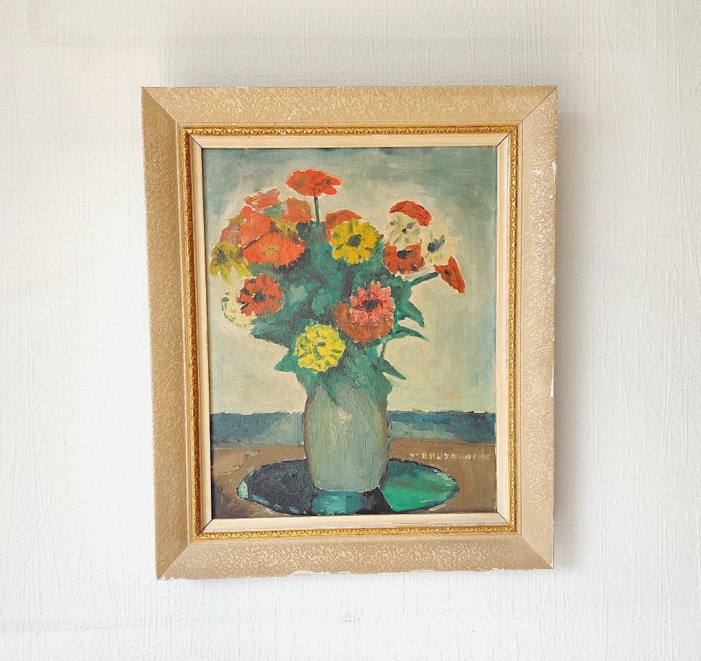 Peinture sur toile W.Bruynooghe, +-1960 — cadre années 1960., Antiquités & Art, Enlèvement ou Envoi, Expressionniste, Toile, Fleurs