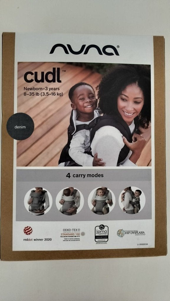 Nuna Cudl draagzak Denim 4 draagstanden met originele doos, Zo goed als nieuw, Buik, Draagzak, Ophalen