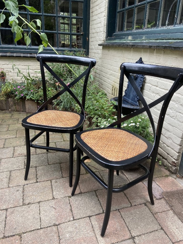 Crossback stoelen zwart met rieten zitting 2 stuks, Métal, Crossback, Engels, Landelijk, Comme neuf, Deux