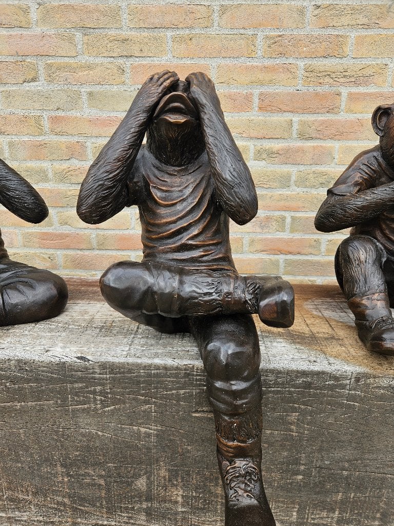 3 BRONZEN HOREN, ZIEN , ZWIJGEN MET GRATIS AZOBE ZUIL KOOPJE, Enlèvement, Neuf, Autres matériaux, Animal