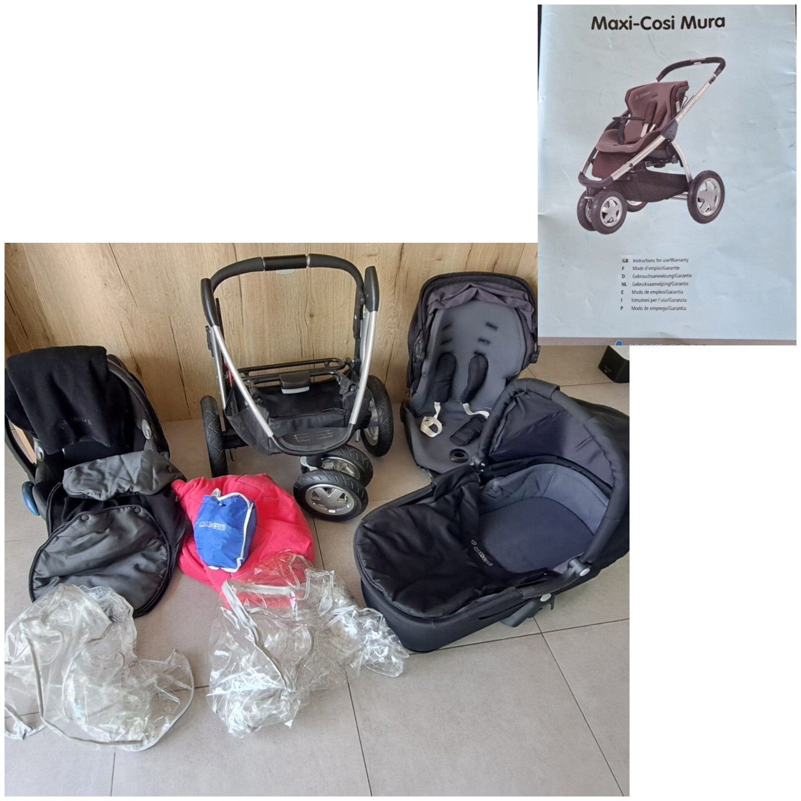 Mura Maxi cosi 3 in 1 met regenhoezen en en voetenzakken, Kinderen en Baby's, Ophalen, Gebruikt, Combiwagen, Maxi-Cosi