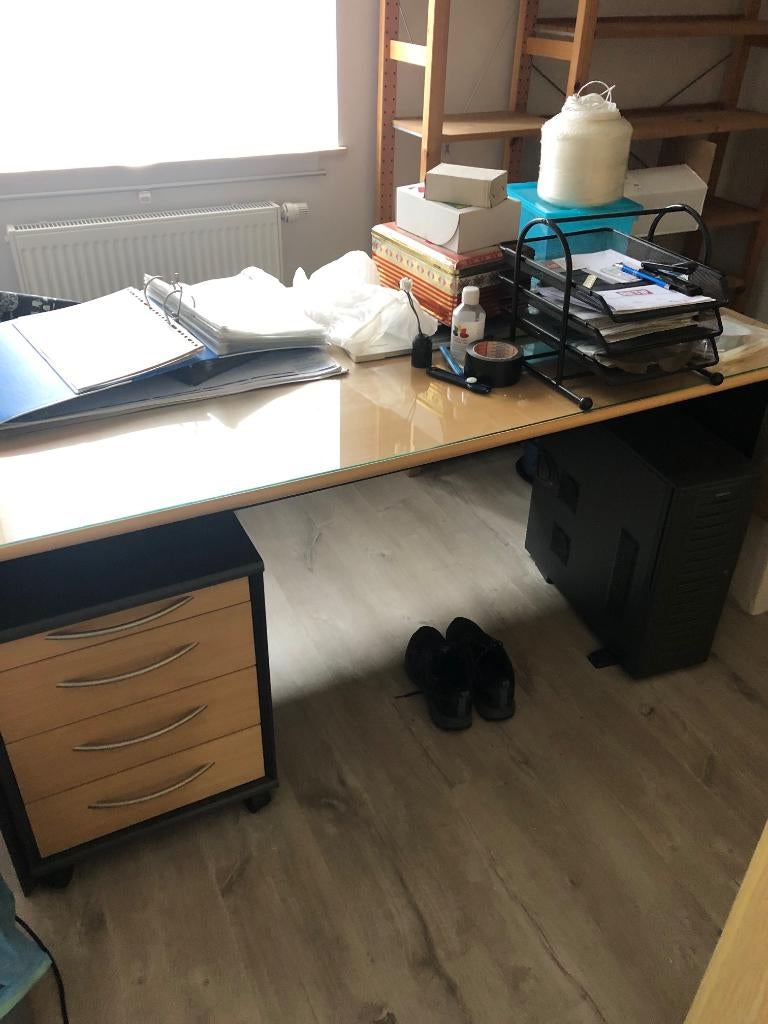 bureau + ladeblok en glasplaat en bureau kast, Ophalen, Gebruikt, Hout, Bureau-kast combinatie