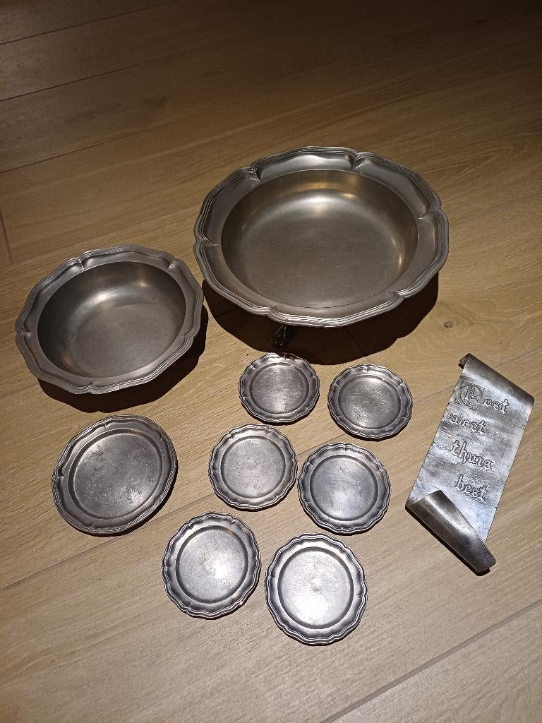 Vintage tinnen fruitschalen met bijhorende schoteltjes, Antiquités & Art, Antiquités | Étain, Enlèvement ou Envoi