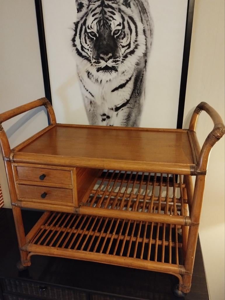Rotan trolley bijzettafel...1960... Scandinavisch design, Ophalen of Verzenden