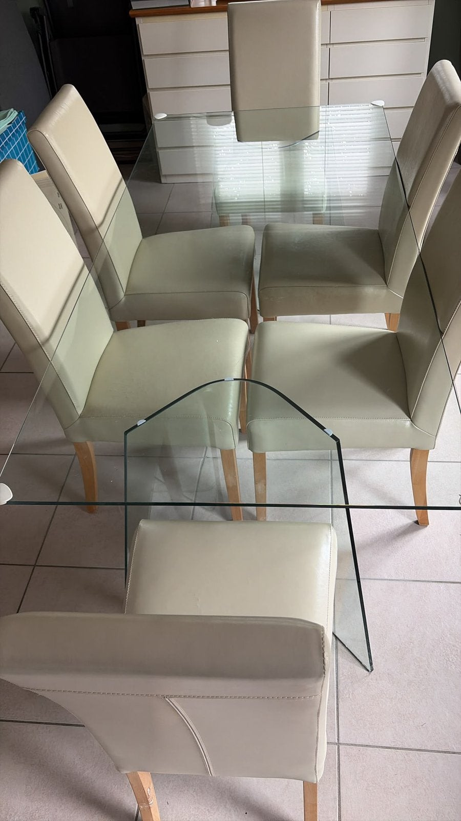 Grote glazen tafel + 6 stoelen, Ophalen, Gebruikt, Moderne