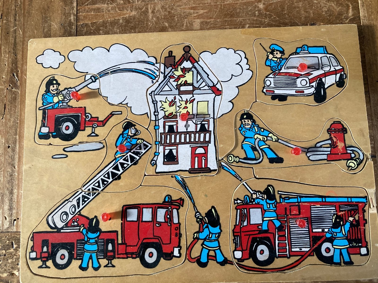 Vintage Houten legpuzzel simplex De brandweer, Ophalen, Minder dan 10 stukjes, Gebruikt, Van hout