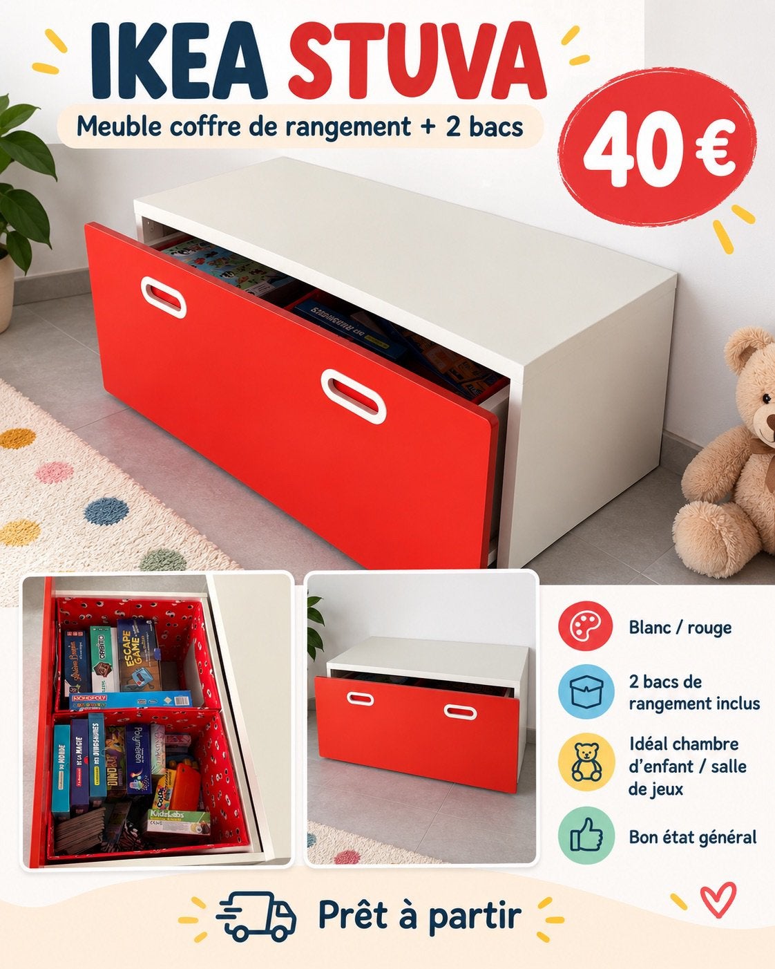 Meuble coffre de rangement IKEA STUVA + 2 bacs – blanc/rouge, Enlèvement, Comme neuf