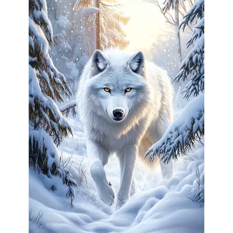 Peinture au diamant 50x40cm Loup blanc (carré) n 23, Neuf, Blanc, Autres matériaux, Autres marques