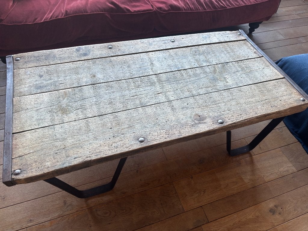 Table basse brute - bois massif et metal, Ophalen, Gebruikt, 100 tot 150 cm, Industriel / brut