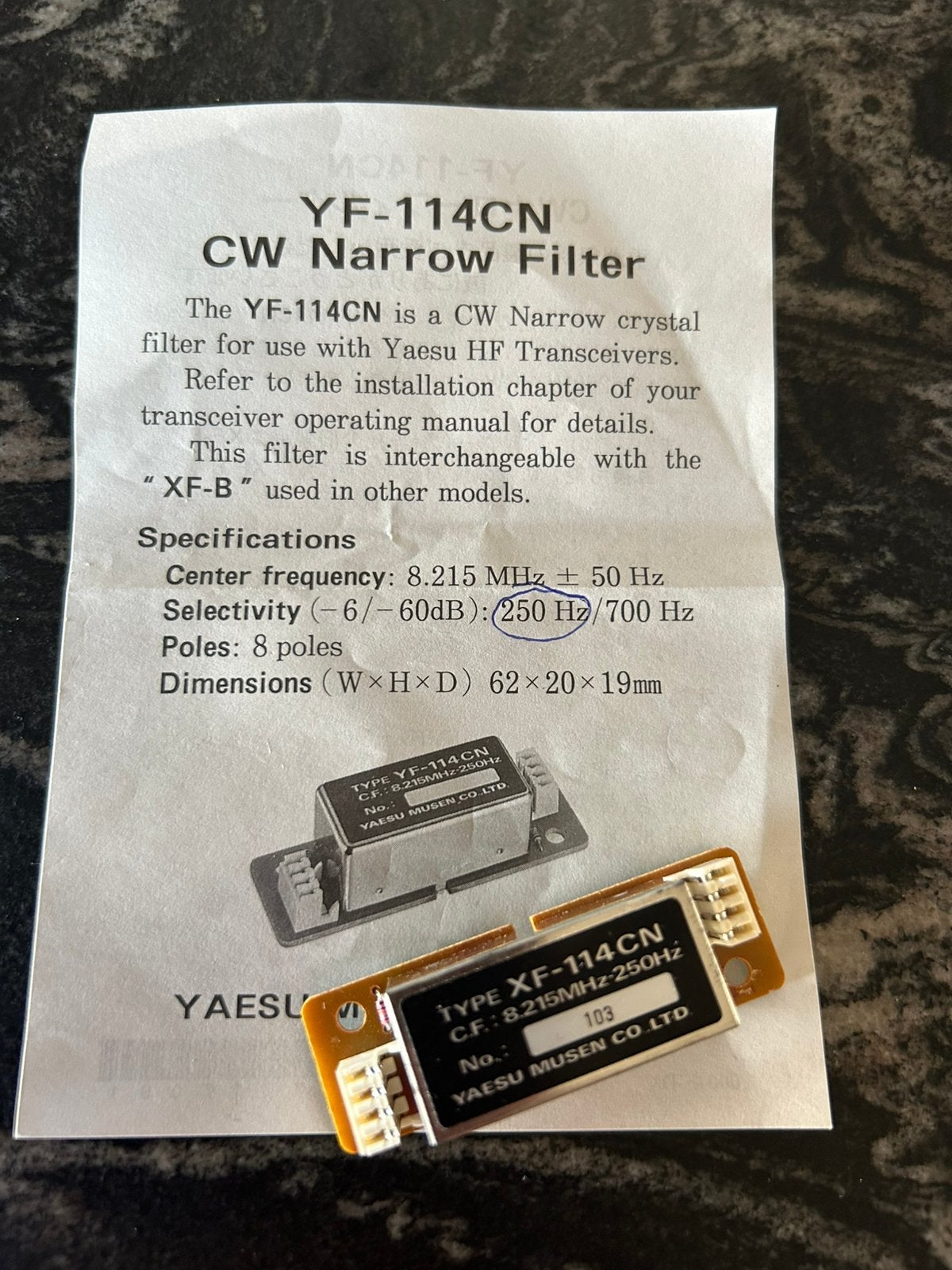 Filtre Yaesu CW 250 Hz xf-114-cn, Télécoms, Enlèvement ou Envoi