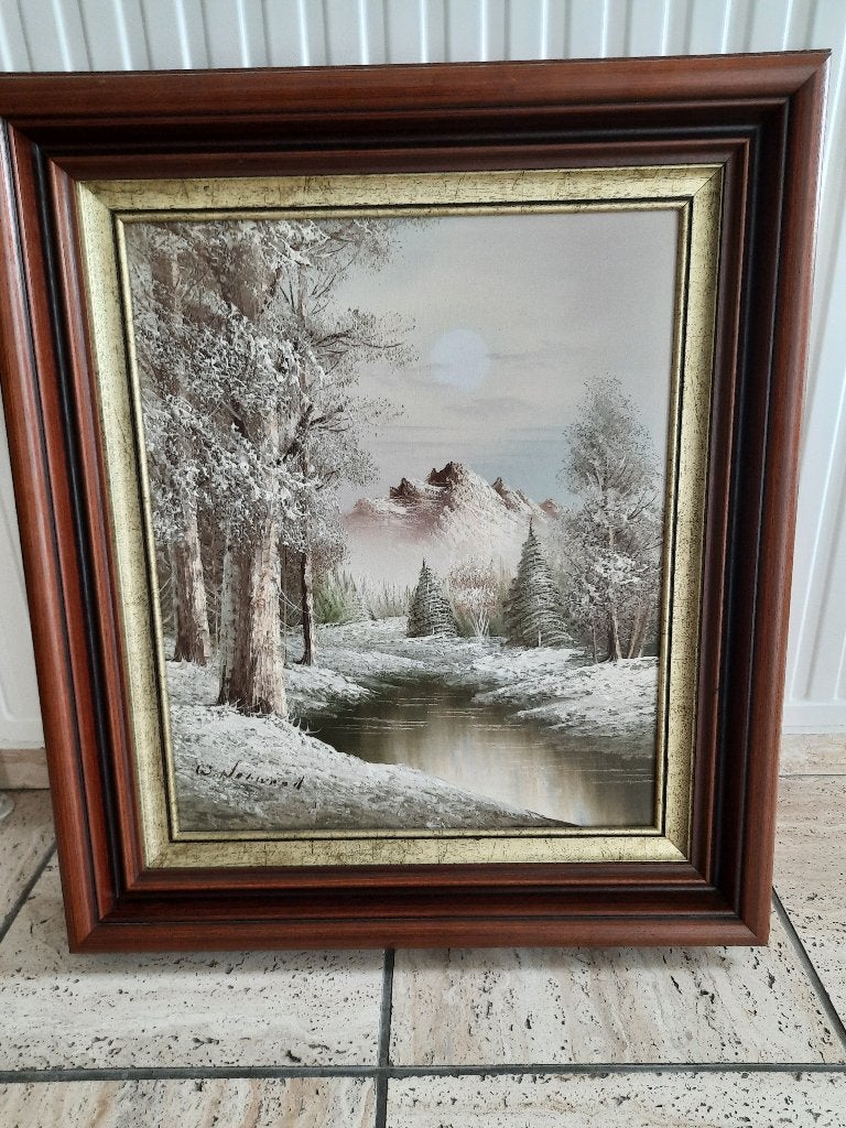 Schilderij winterlandschap...., Enlèvement, Signé, Toile