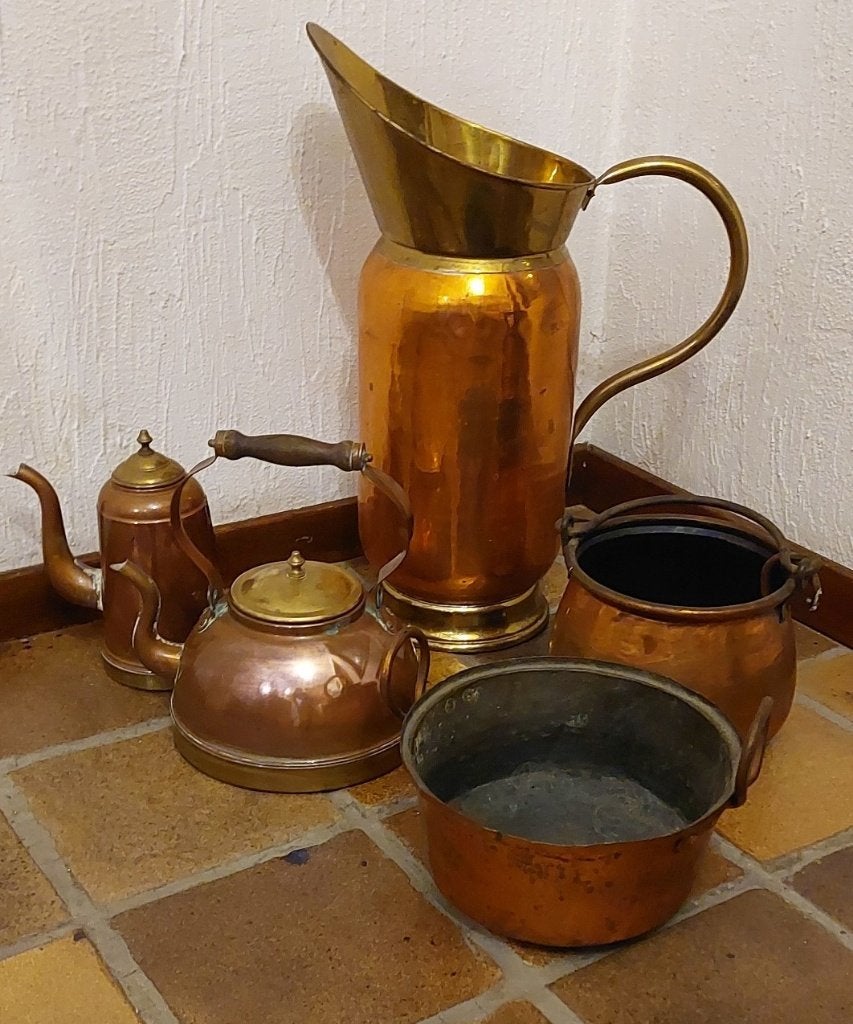 Antieke Koperen Kachelset: Grote Kolenkan & Haardpotten Set, Antiek en Kunst, Ophalen, Koper