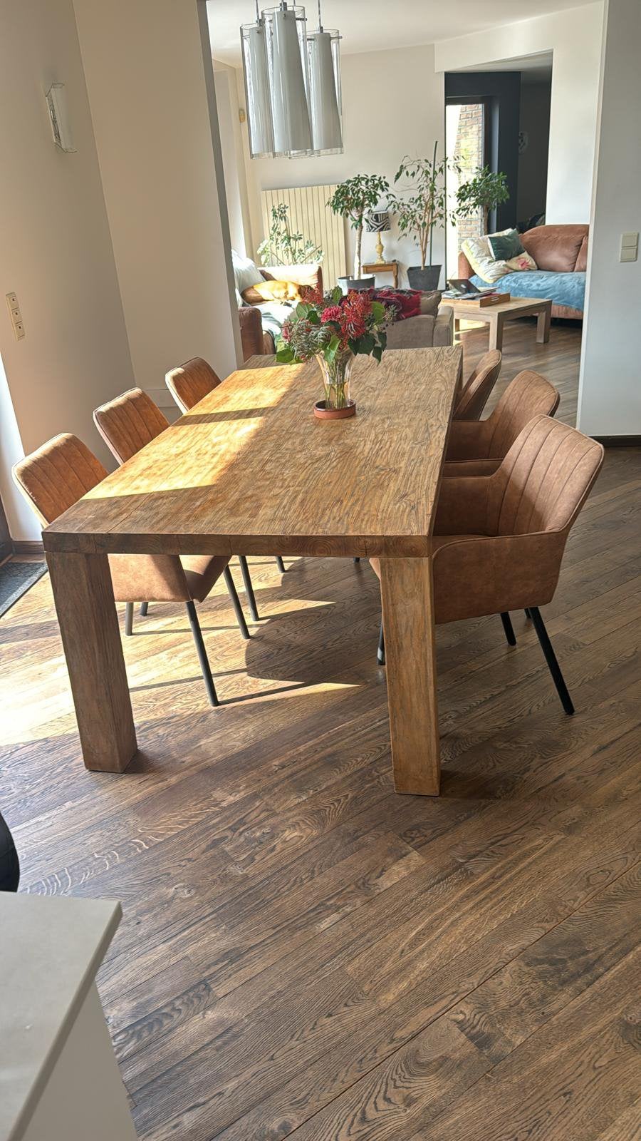 Table en bois de teck rustique, Teck, Comme neuf, 100 à 150 cm, Enlèvement