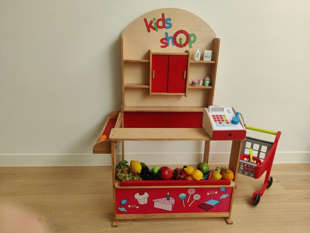 Houten speelgoed winkel + kassa + winkelkar + keukentje, Ophalen, Hout