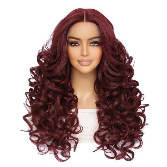Luxe lace front pruik met superzachte krullen wijnrood, Envoi, Neuf
