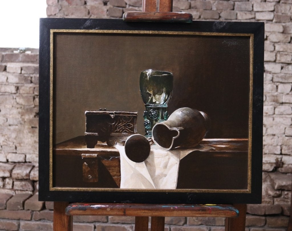Stilleven roemer en kistje – Marjolein van den Berg, Antiquités & Art, Textile, Signé, Peinture acrylique, Enlèvement