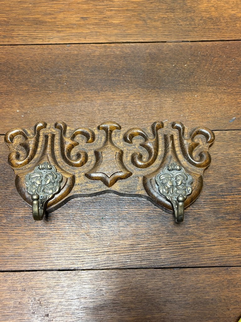 Antieke / Klassieke Houten Kapstok met Messing Haken (30 cm), Huis en Inrichting, Woonaccessoires | Kapstokken, Wandkapstok, Gebruikt