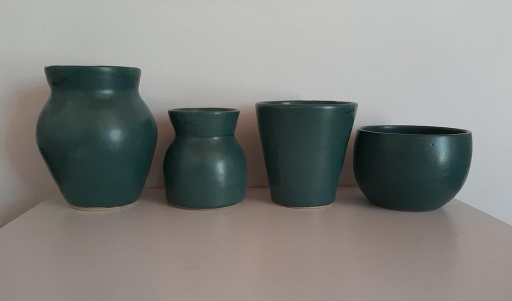 Ensemble de 4 vases en céramique turquoise faits main, Enlèvement ou Envoi