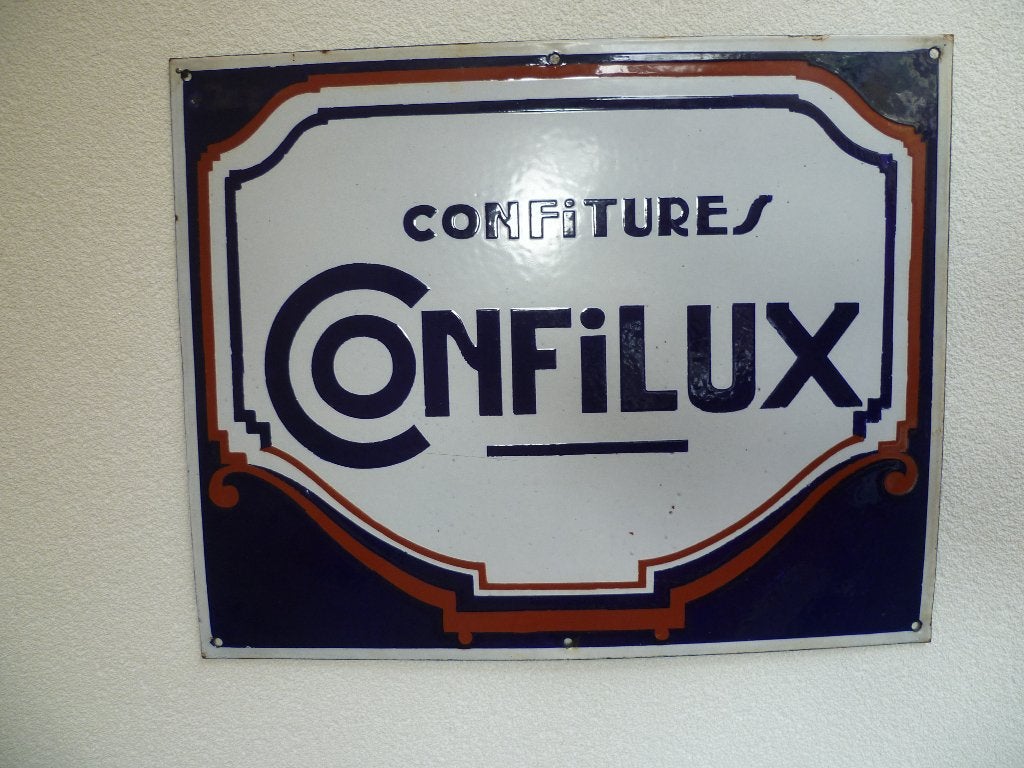 PLAQUE EN ÉMAIL «CONFILUX CONFITURES» ANNÉES 1930 ET 1940, Enlèvement ou Envoi, Utilisé, Panneau publicitaire