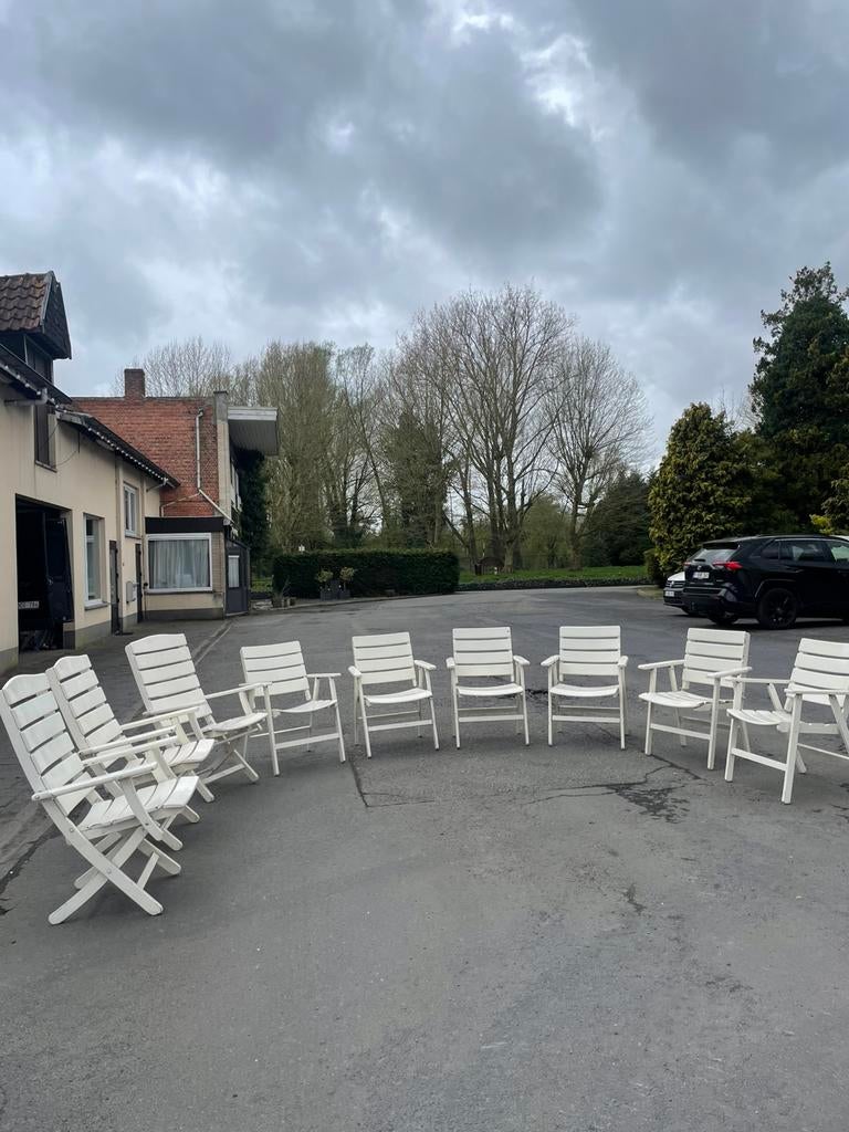 Vintage Duitse houten Herlag tuinstoelen- set van 9, Ophalen, Gebruikt