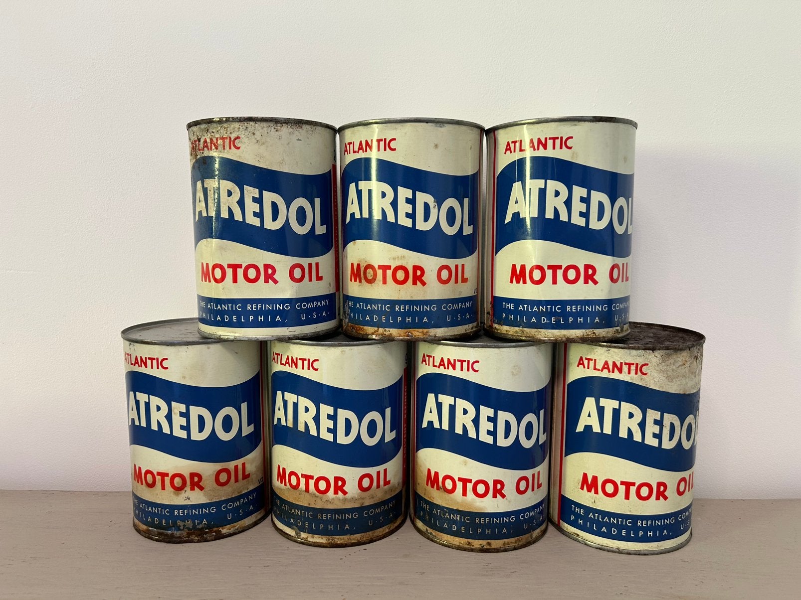 Set van 7 blikjes Amerikaanse olieblikolie Atredol-oliën, Verzamelen, Ophalen of Verzenden