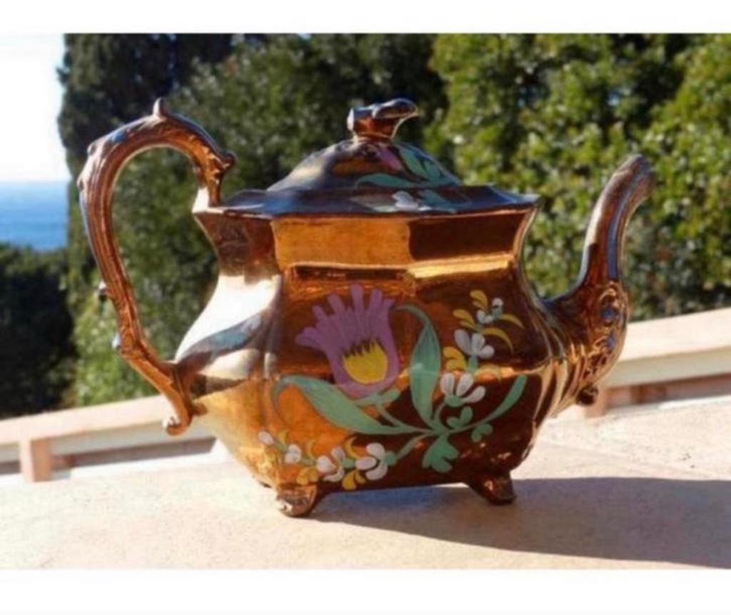 Cuivre peint à la main antique - Théière florale cuivre 1830, Antiquités & Art, Enlèvement ou Envoi