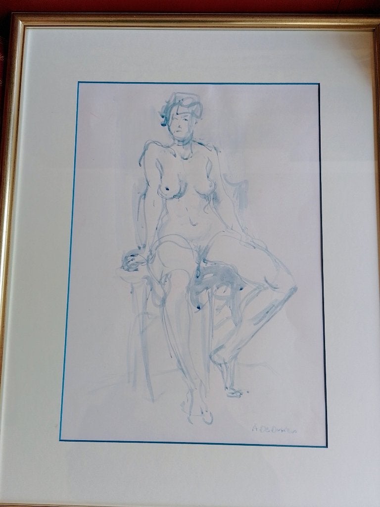 Albert de Deken  1915 - 2003  Aquarel  Naakt Blauw Frontaal, Antiek en Kunst, Ophalen of Verzenden, Gesigneerd, Aquarel