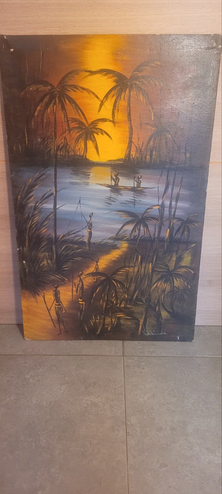 Tableau africain ancien signé “Kabinda” – huile sur toile., Enlèvement ou Envoi