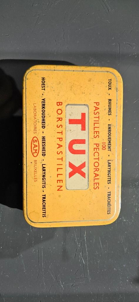 boîte TUX vintage des Laboratoires S.A.M. à Bruxelles, Collections, Enlèvement ou Envoi, Utilisé, Autre, Autres marques