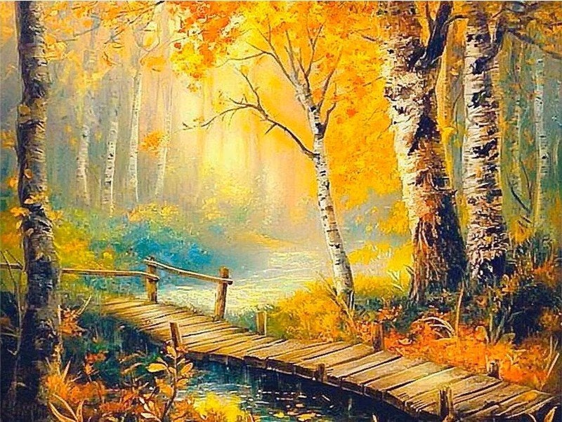 50x40cm Diamond Painting herfst bos brug (rond) nr 135, Nieuw, Meerkleurig, Ophalen of Verzenden, Overige materialen