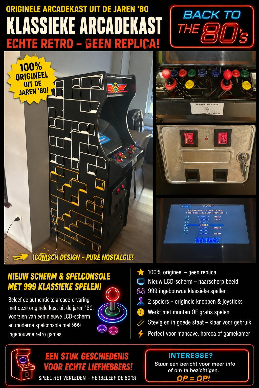 ORIGINELE ARCADEKAST JAREN ’80 – GEEN REPLICA – 999 SPELLEN, Verzamelen, Ophalen, Zo goed als nieuw