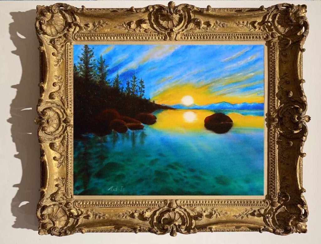 "Zonsondergang", Antiquités & Art, Art | Peinture | Moderne, Textile, Peinture à l'huile, Paysage, Sur cadre en bois
