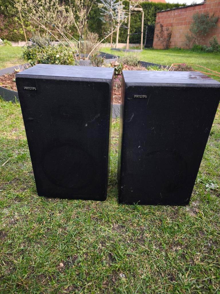 Set Vintage Philips F9217 Luidsprekers – Made in Belgium, Audio, Tv en Foto, Luidsprekerboxen, Gebruikt, Front, Rear of Stereo speakers