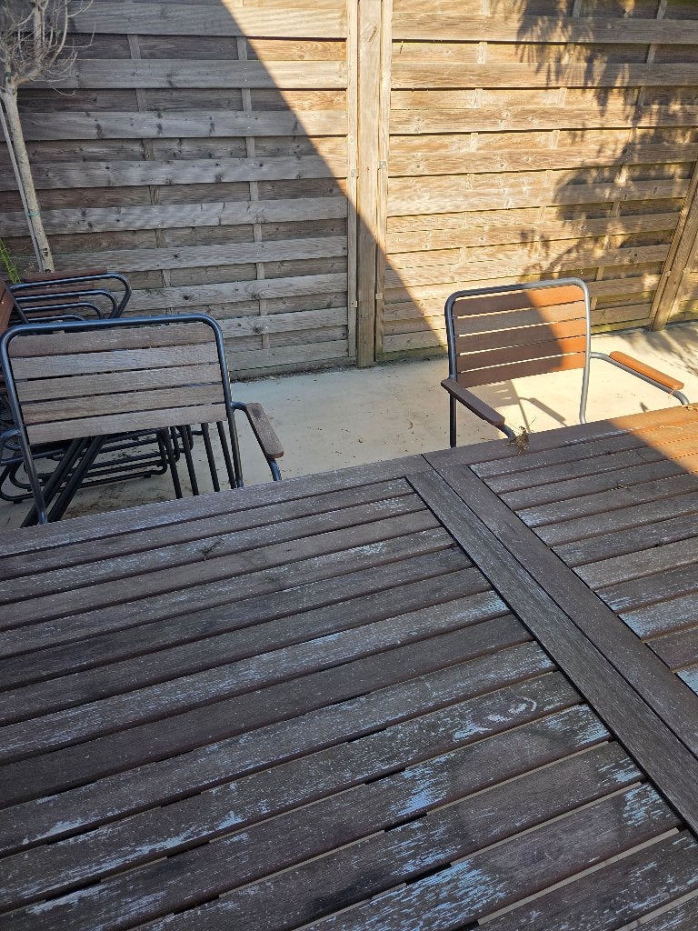 Tuintafel en 8 stoelen, Tuin en Terras, Ophalen, Gebruikt, Rechthoekig, Hout