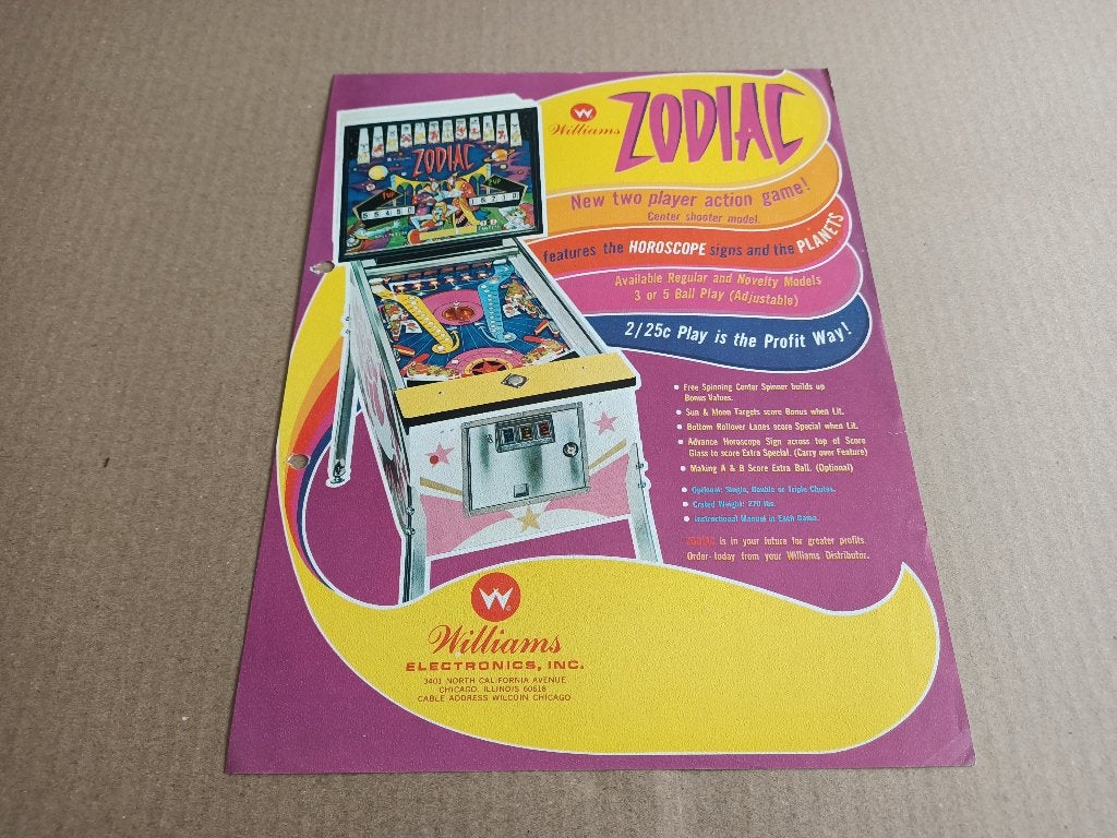 Flyer: Williams Zodiac (1971) Flipperkast, Verzamelen, Automaten | Flipperkasten, Verzenden, Flipperkast, Williams