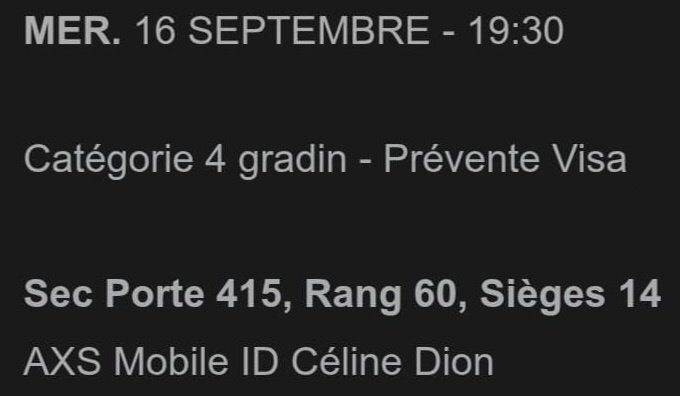 1 place pour le concert de Céline Dion le 16/09/2026, Tickets & Billets, Une personne, Septembre, Pop