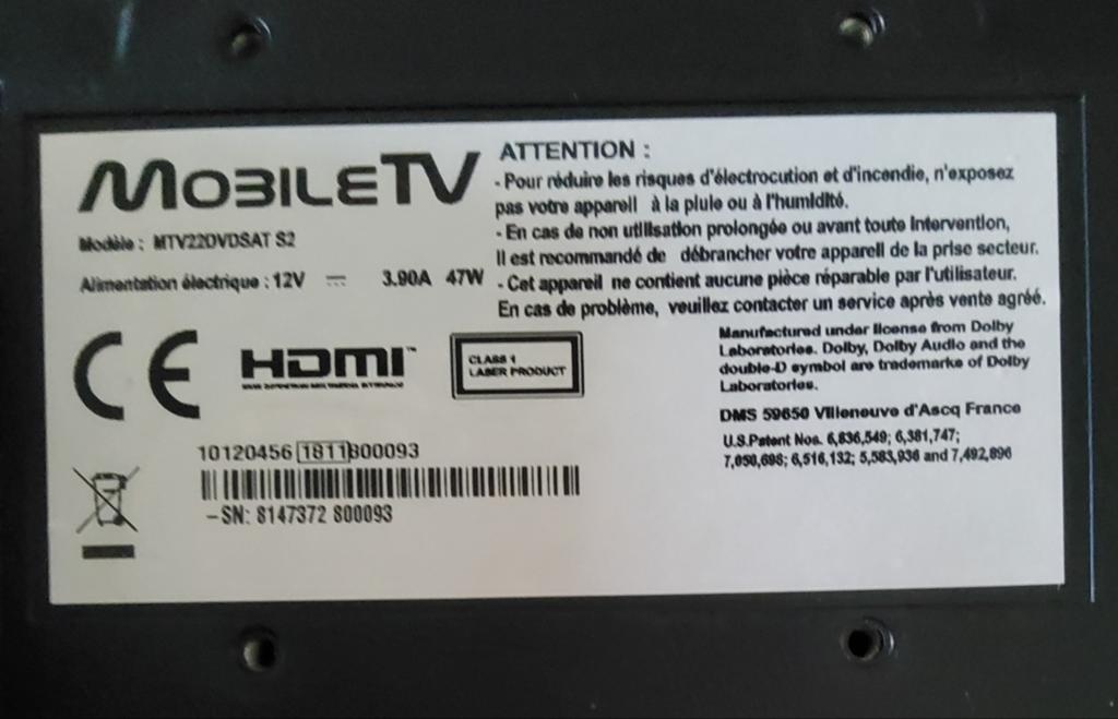 Tv Mobile Tv MTV22DVDSAT S2 pour camping-car, mobilhome, Enlèvement
