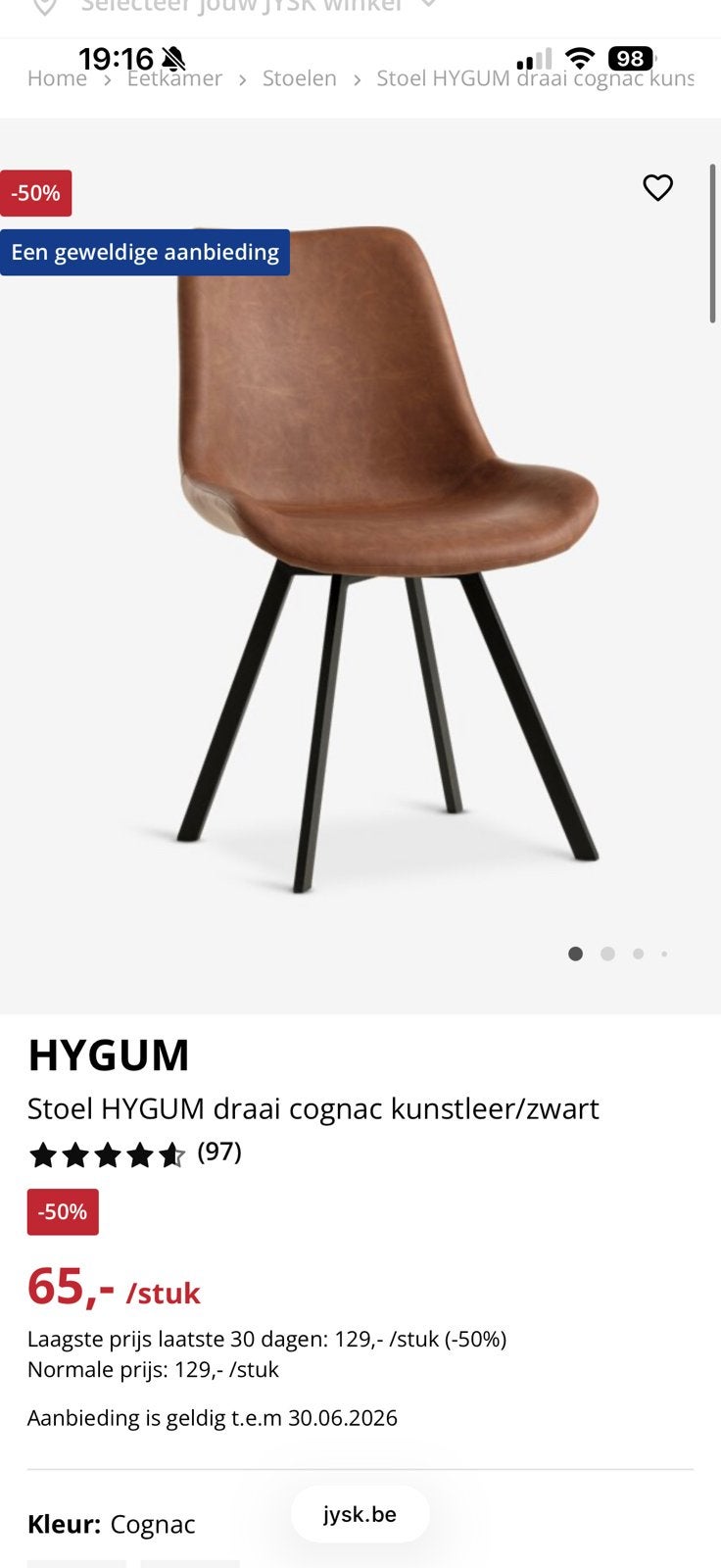 Jysk stoelen, leer cognac, Maison & Meubles, Chaises, Enlèvement, Comme neuf, Cuir