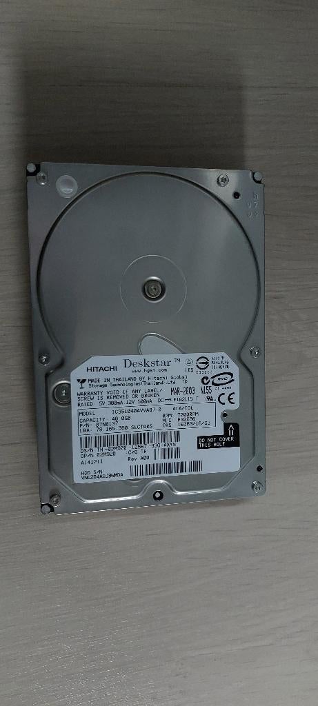 HDD 3.5 Hitachi 40 GB IDE - IC35L040AVVA07-0, Informatique & Logiciels, Disques durs, Utilisé, Desktop, Interne, IDE, Enlèvement