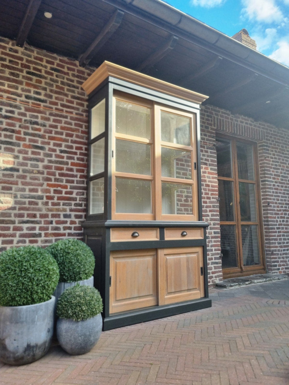 Eiken buffetkast/vitrinekast GRATIS LEVERING, Ophalen, Eikenhout, 100 tot 150 cm, 200 cm of meer
