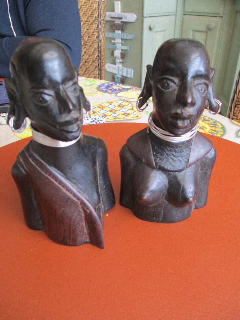 Handgesneden vintage houten Afrikaanse bustus Masai koppel, Bois, Enlèvement ou Envoi, Brun, Autres sujets