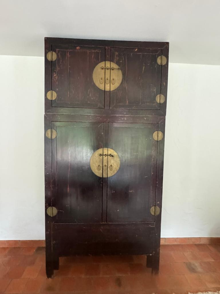 Chinese bruidskast (antiek), donkerbruin/rood, in 2 delen, Antiquités & Art, Antiquités | Meubles | Armoires, Enlèvement