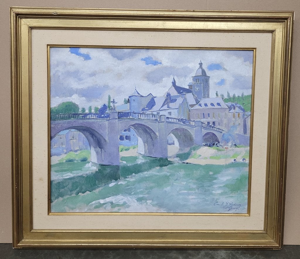Emile PATOUX, de oude brug over de Lot te Saint-Géniez, Antiek en Kunst, Doek, Impressionistisch, Ophalen of Verzenden, Gesigneerd
