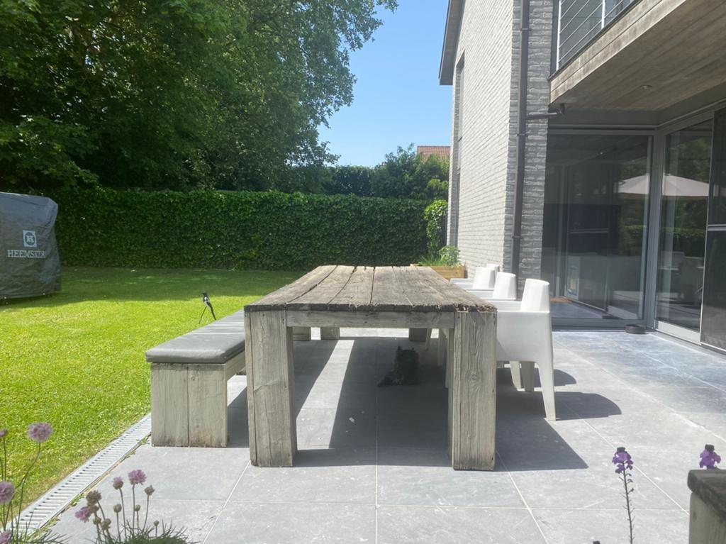 Table/banc et coussin en bois d'échafaudage, Maison & Meubles, Tuin, Enlèvement, Utilisé, 75 cm ou plus