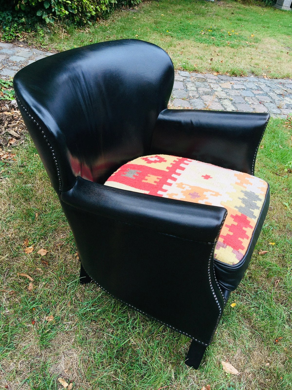 Zeldzame Vintage lederen / kelim clubfauteuil !, Huis en Inrichting, Fauteuils, Zo goed als nieuw, Ophalen